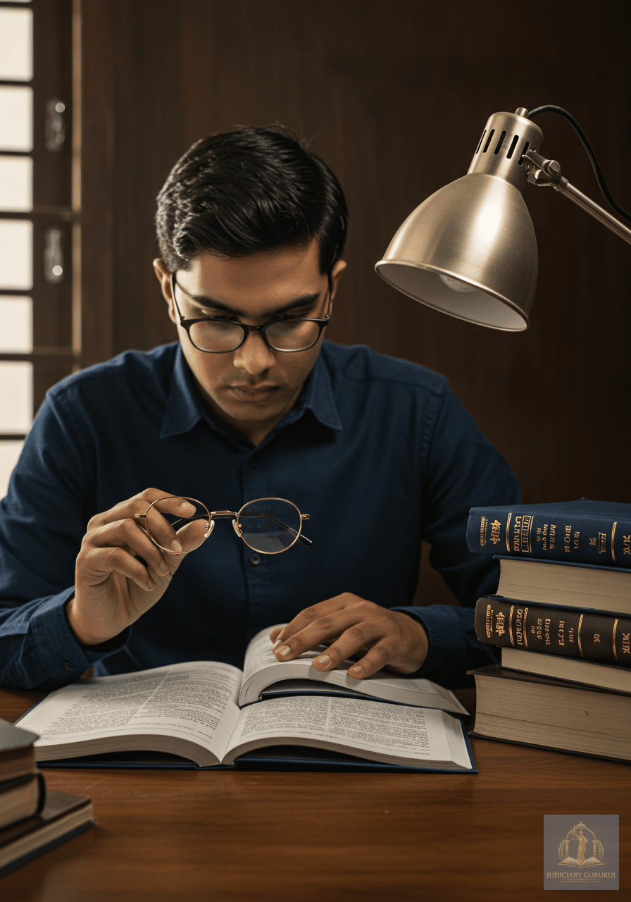 Premium photographic image — law books, Bare Acts and Constitution volumes laid out for Bihar Judicial Services PCS-J final-week revision